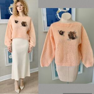 Vintage Hand-Knitted Soft Sweater with Sequin Floral Appliqués